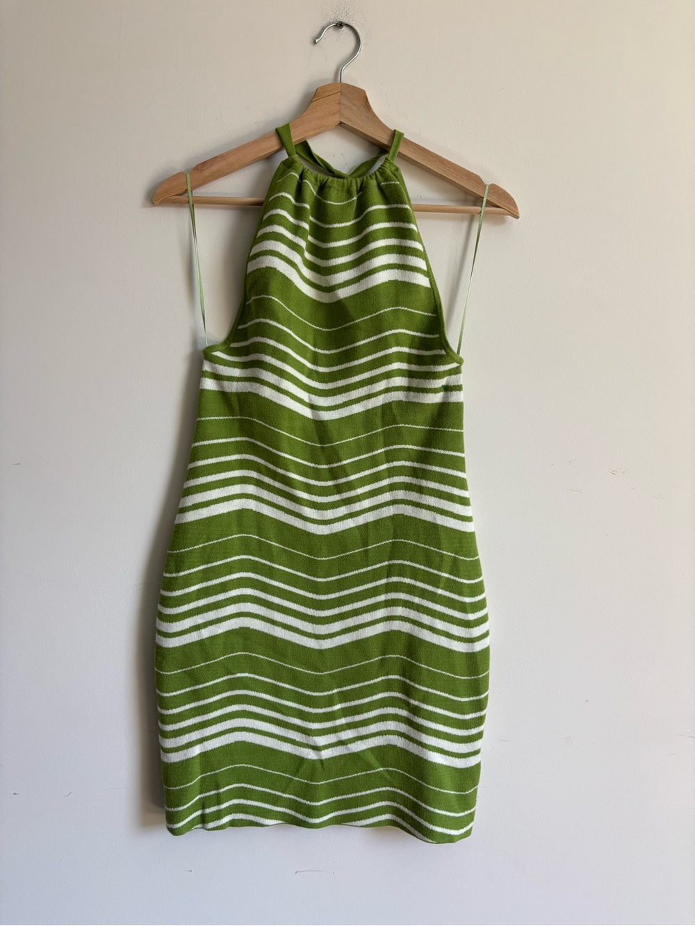 vestique Olive Green and White Striped Halter Mini Dress